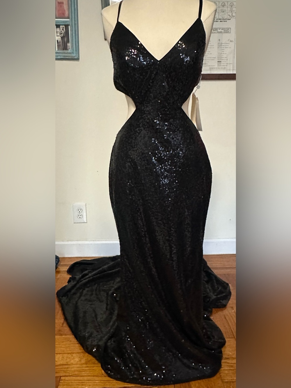TS Couture Black Sequin Spaghetti Strap Cutout Prom Evening Gown New with Tags